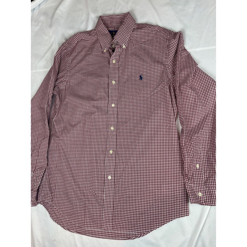 Polo Ralph Lauren Mens Gingham Shirt Burgundy White Long Sleeve Cotton Stretch M